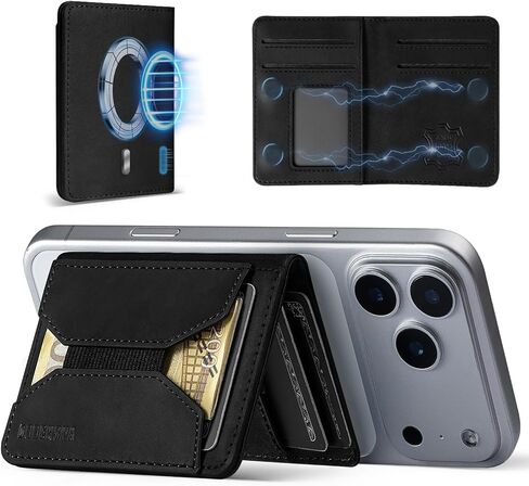 for Magsafe Wallet Stand Men: Magnetic Minimalist Phone Wallet for 5+ Cards&8 Cash - Full Grain Leather Strong Magnet Card Holder for iphone 16/15/14/13/12 Series, Not for 13/12 mini (Black) in Saudi Arabia