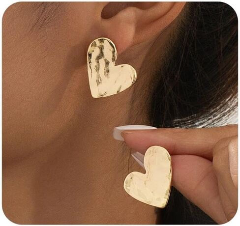 Chunky Gold Heart Statement Stud Earrings for Women Trendy Texture Wrinkle Irregular Heart Love Earrings Anniversary Valentine's Day Jewelry Gift in Saudi Arabia