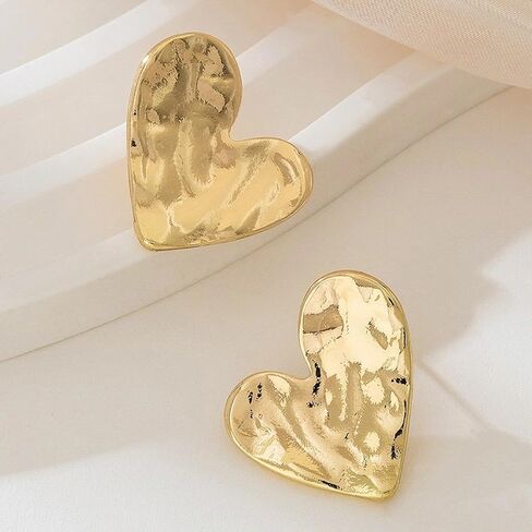 Chunky Gold Heart Statement Stud Earrings for Women Trendy Texture Wrinkle Irregular Heart Love Earrings Anniversary Valentine's Day Jewelry Gift in Saudi Arabia