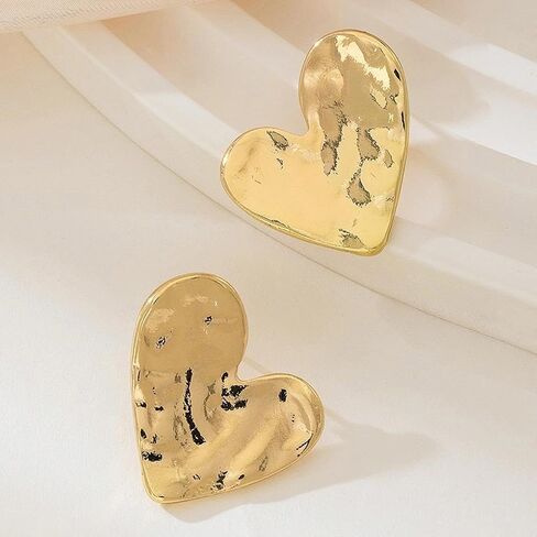 Chunky Gold Heart Statement Stud Earrings for Women Trendy Texture Wrinkle Irregular Heart Love Earrings Anniversary Valentine's Day Jewelry Gift in Saudi Arabia