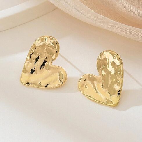 Chunky Gold Heart Statement Stud Earrings for Women Trendy Texture Wrinkle Irregular Heart Love Earrings Anniversary Valentine's Day Jewelry Gift in Saudi Arabia