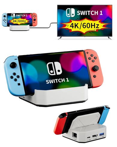 Portable Switch 1 TV Dock Docking Station for Nintendo Switch 1, with 1000Mbps RJ45/4K&60HZ HDTV/USB 3.0/100W Charge PD Port, Silver in Saudi Arabia