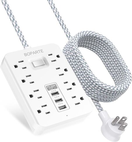 شريط طاقة واقي من زيادة التيار، سلك تمديد بطول 10 أقدام مع منفذ PD 30 وات USB C، 8 منافذ تيار متردد و3 منافذ USB A للمنزل والمكتب وأساسيات النوم، 1700 جول، أبيض in Kuwait