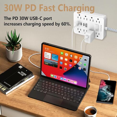 شريط طاقة واقي من زيادة التيار، سلك تمديد بطول 10 أقدام مع منفذ PD 30 وات USB C، 8 منافذ تيار متردد و3 منافذ USB A للمنزل والمكتب وأساسيات النوم، 1700 جول، أبيض in Kuwait