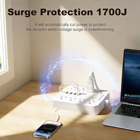 شريط طاقة واقي من زيادة التيار، سلك تمديد بطول 10 أقدام مع منفذ PD 30 وات USB C، 8 منافذ تيار متردد و3 منافذ USB A للمنزل والمكتب وأساسيات النوم، 1700 جول، أبيض in Kuwait