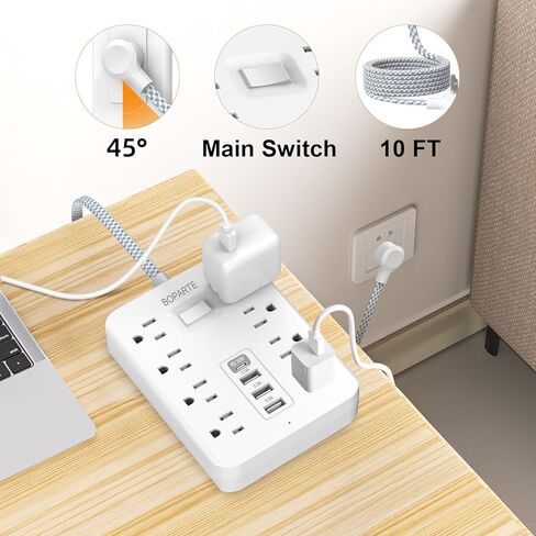 شريط طاقة واقي من زيادة التيار، سلك تمديد بطول 10 أقدام مع منفذ PD 30 وات USB C، 8 منافذ تيار متردد و3 منافذ USB A للمنزل والمكتب وأساسيات النوم، 1700 جول، أبيض in Kuwait