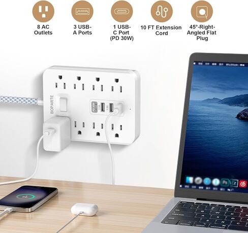 شريط طاقة واقي من زيادة التيار، سلك تمديد بطول 10 أقدام مع منفذ PD 30 وات USB C، 8 منافذ تيار متردد و3 منافذ USB A للمنزل والمكتب وأساسيات النوم، 1700 جول، أبيض in Kuwait
