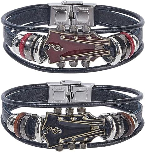 3 Colors Retro Guitar PU Leather Wrap Bracelet Punk Multilayered Rock Music Wrist Cuff Ethnic Tribal Stackable Braided Leather Cord Wristband Bangle for Men Musical Enthusiast Gift in Saudi Arabia