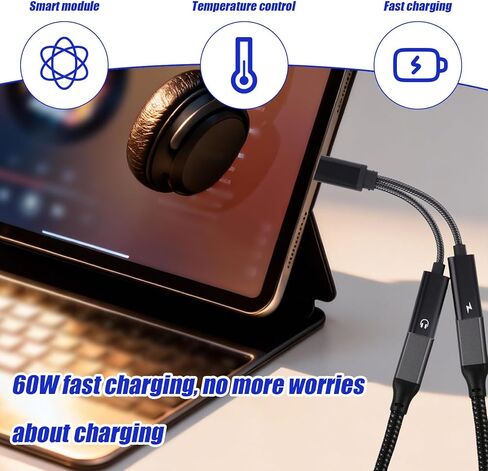 موزع USB C 2 في 1، محول سماعة رأس وشاحن مزدوج من النوع C مع شحن سريع PD 60 وات لأجهزة iPhone 16 15 Pro Max وSamsung Galaxy S25 S24 Ultra وiPad وMacBook والمزيد من أجهزة USB-C in Kuwait