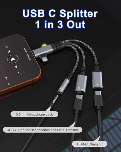 USBC Splitter 1 in 2 Out for USB C Headphone Charging and Data - Dual Lightning & Type C to 3.5mm Audio Jack + USB-C Headphone Power Data Adapter, Support Call and Data Transfer for iPhone 17-5 in Saudi Arabia
