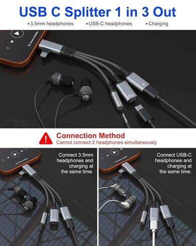 USBC Splitter 1 in 2 Out for USB C Headphone Charging and Data - Dual Lightning & Type C to 3.5mm Audio Jack + USB-C Headphone Power Data Adapter, Support Call and Data Transfer for iPhone 17-5 in Saudi Arabia