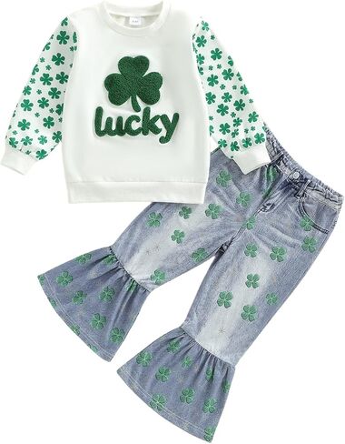Toddler Girl St Patricks Outfit Lucky Clover Sweatshirt Bell Bottoms Jeans Little Girls Spring Fall Winter Clothes in Saudi Arabia