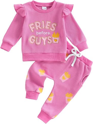 DuAnyozu Little Girl Valentines Day Outfit Fries Before Guys Sweatshirt Long Sleeve Pullover Pants Cute Valentines Clothes in Saudi Arabia