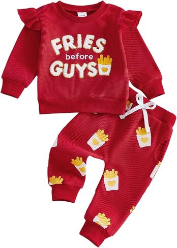 DuAnyozu Little Girl Valentines Day Outfit Fries Before Guys Sweatshirt Long Sleeve Pullover Pants Cute Valentines Clothes in Saudi Arabia