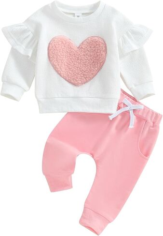 Toddler Baby Girl Valentines Outfit BE MINE Heart Long Sleeve Pullover Tops Flare Pants Set Spring Clothes in Saudi Arabia