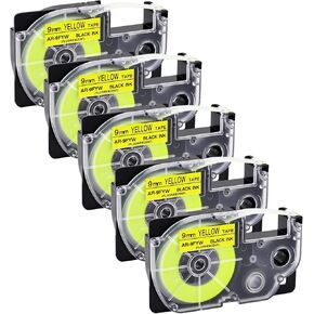 شريط ملصقات 5 قطع متوافق مع شريط الكاسيت XR9FYW XR-9FYW XR-9FYW2S XR9FYW2S 9 مم 0.35 بوصة × 26.2 قدم، بديل لصانع الملصقات KL-120 KL-430 KL-1500 KL-2000، أسود على أصفر فلورسنت in Kuwait