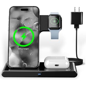 محطة شحن لاسلكية سريعة 3 في 1 لهواتف iPhone 17/16/15/14/13/12، لساعة Apple Watch Ultra/SE/Series 11–2، لـ AirPods Pro 4/3/2، حامل قابل للطي، مكتب، بجانب السرير، السفر، الأعمال in Saudi Arabia