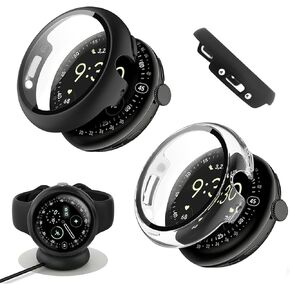 2Pack - Watch Cases Compatible with Google Pixel Watch 4 (2025) 45mm, Charge with Case On, HD Tempered Glass Screen Protector, Touch-Sensitive, Shockproof, Black + Clear in Kuwait