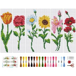 BEUNITONE 6 Pcs Flower Bookmark Cross Stitch Kits DIY Stamped Embroidery Bookmark Kit for Adults Beginner with Instructions Vivid Floral Cross Stitch Kits for DIY Crafts Book Lovers Gifts 2.4x8 in in Kuwait