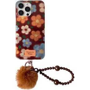 for iPhone 13 PRO MAX Case，Floral Pattern iPhone Case with Furry Pom Pom Charm, Flowers Design Cell Phone Lanyard，Slim Shockproof Phone Cover for Women (Lanyard+Phone case, iphone13promax) in Saudi Arabia