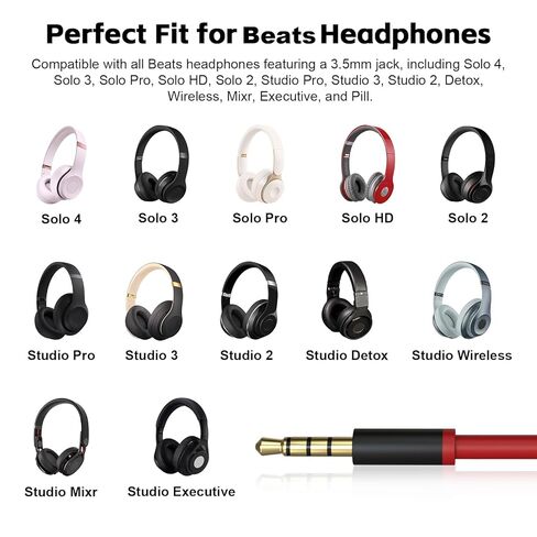 كابل صوت USB C Solo 4، سلك صوت بديل Solo 3 مع تحكم ميكروفون مدمج متوافق مع سماعات Beats Studio Solo Pro Detox Mixr Executive Pill لأجهزة iPhone 17/16 USB-C (أسود وأحمر) in Kuwait