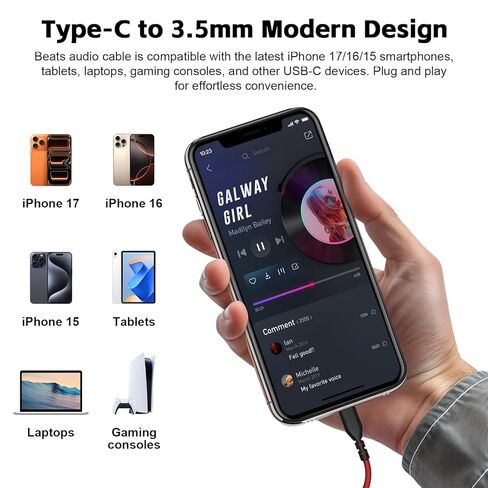 كابل صوت USB C Solo 4، سلك صوت بديل Solo 3 مع تحكم ميكروفون مدمج متوافق مع سماعات Beats Studio Solo Pro Detox Mixr Executive Pill لأجهزة iPhone 17/16 USB-C (أسود وأحمر) in Kuwait
