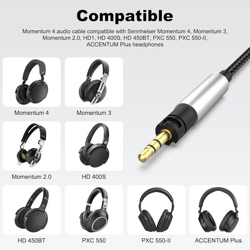 Zosvoses Momentum 4 Aux Cable Compatible with Sennheiser Momentum 4, Momentum 3, Momentum 2.0, HD1, HD 400S, HD 450BT, PXC 550, PXC 550-II, ACCENTUM Plus Headphones with 6.35mm Adapter, 6.6ft in Saudi Arabia