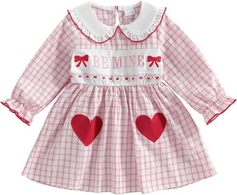MoZiKQin Toddler Little Baby Girl Valentines Day Dress Heart Bow Embroidery Long Sleeve Smocked Dress Cute Spring Clothes in Saudi Arabia