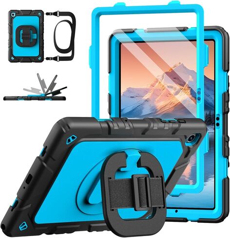 جرابات Grifobes لهاتف Samsung Galaxy Tab A11 Plus 2025 / A9 Plus 11 بوصة 2023، غطاء عالي التحمل مقاوم للصدمات مع واقي شاشة، حامل دوار 360 درجة، حزام يد وكتف لهاتف A11+ / A9+، أسود أزرق in Saudi Arabia
