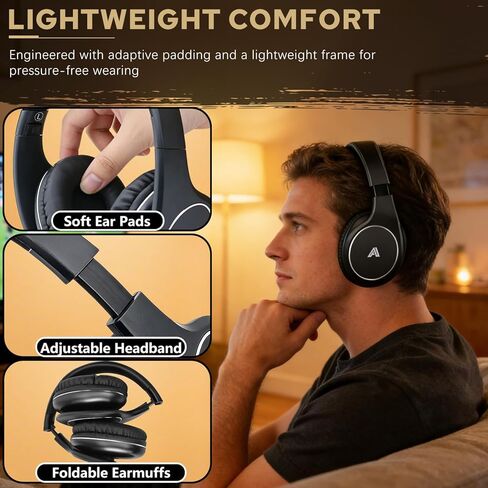 سماعات Ansee اللاسلكية للتلفزيون لكبار السن وضعاف السمع، سماعات رأس قابلة للطي فوق الأذن مع جهاز إرسال RF 2.4 جيجا هرتز يدعم RCA AUX البصري، بدون تأخير صوت، نطاق لاسلكي 100 قدم (أسود) in Kuwait