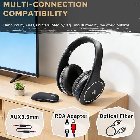 سماعات Ansee اللاسلكية للتلفزيون لكبار السن وضعاف السمع، سماعات رأس قابلة للطي فوق الأذن مع جهاز إرسال RF 2.4 جيجا هرتز يدعم RCA AUX البصري، بدون تأخير صوت، نطاق لاسلكي 100 قدم (أسود) in Kuwait