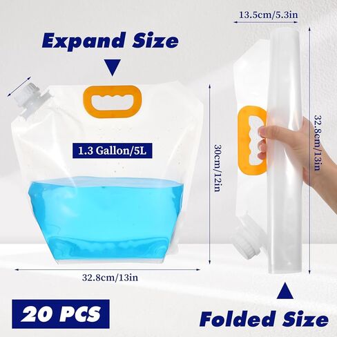 20 Pcs 1.3 Gallon Collapsible Water Emergency Container Bag 26 Gallon Freezable BPA Free Food Grade Clear Plastic Storage Foldable Bottle for Camping Riding in Saudi Arabia