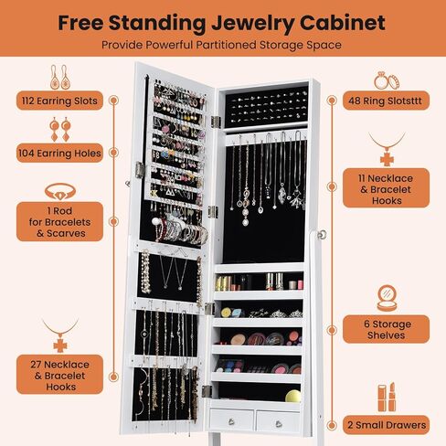 صندوق مجوهرات نافورت بمرآة واقفة، منظم تخزين خزانة المجوهرات بسعة كبيرة، خزانة مجوهرات مرآة خشبية، مرآة تخزين كاملة الطول بـ 4 زوايا قابلة للتعديل مع درجين، أسود in Kuwait