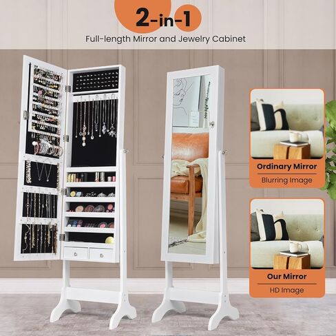 صندوق مجوهرات نافورت بمرآة واقفة، منظم تخزين خزانة المجوهرات بسعة كبيرة، خزانة مجوهرات مرآة خشبية، مرآة تخزين كاملة الطول بـ 4 زوايا قابلة للتعديل مع درجين، أسود in Kuwait