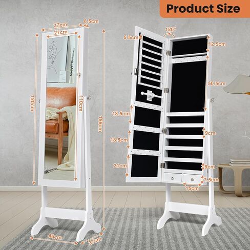 صندوق مجوهرات نافورت بمرآة واقفة، منظم تخزين خزانة المجوهرات بسعة كبيرة، خزانة مجوهرات مرآة خشبية، مرآة تخزين كاملة الطول بـ 4 زوايا قابلة للتعديل مع درجين، أسود in Kuwait