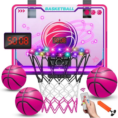VATOS Basketball Hoop for Girls Indoor, Pink Basketball Hoop with 7 Color Lights, Electronic Scoreboard & Remote Controller, Basketball Set Toys Birthday Gifts for Girls Kids Teens 5-12 in Saudi Arabia