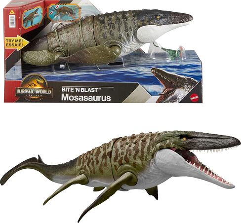 Mattel Jurassic World Rebirth Bite N Blast Mosasaurus Action Figure & Mini Dilophosaurus, Wide Jaw Dinosaur Toy, Movie-Accurate Posable, Digital Play in Saudi Arabia