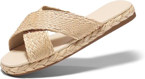 Coutgo Womens Raffia Slide Sandals Espadrilles Open Toe Flat Sandals Braided Summer Beach Sandals in Saudi Arabia
