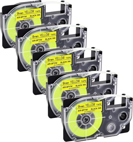 شريط ملصقات 5 قطع متوافق مع شريط الكاسيت XR9FYW XR-9FYW XR-9FYW2S XR9FYW2S 9 مم 0.35 بوصة × 26.2 قدم، بديل لصانع الملصقات KL-120 KL-430 KL-1500 KL-2000، أسود على أصفر فلورسنت in Kuwait