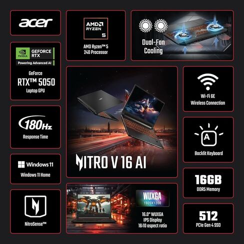 acer Nitro V 16 AI WUXGA (1920 x 1200) IPS 180Hz Gaming Laptop AI PC, AMD Ryzen 5 240 Processor, NVIDIA GeForce RTX 5050 8GB GDDR7 VRAM, 16GB RAM, 512GB SSD, (16", R5, RTX5050) in Kuwait