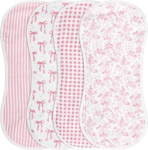 Boao 4 Pack Baby Burp Cloths Pink Bow Rayon Cotton Baby Burping Cloths 21" x 10" Soft Muslin 7 Absorbent Layers Washcloths Newborn Face Towels for Teething Drooling Infant Boy Girl Unisex in Saudi Arabia