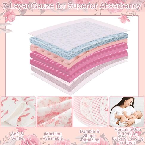Boao 4 Pack Baby Burp Cloths Pink Bow Rayon Cotton Baby Burping Cloths 21" x 10" Soft Muslin 7 Absorbent Layers Washcloths Newborn Face Towels for Teething Drooling Infant Boy Girl Unisex in Saudi Arabia