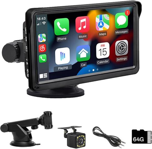 شاشة 7 بوصة HD IPS تعمل باللمس، CarPlay & Android Auto، التحكم الصوتي مع رؤية ليلية عالية الدقة وكاميرا احتياطية مقاومة للماء، التوصيل والتشغيل العالمي لجميع المركبات in Kuwait