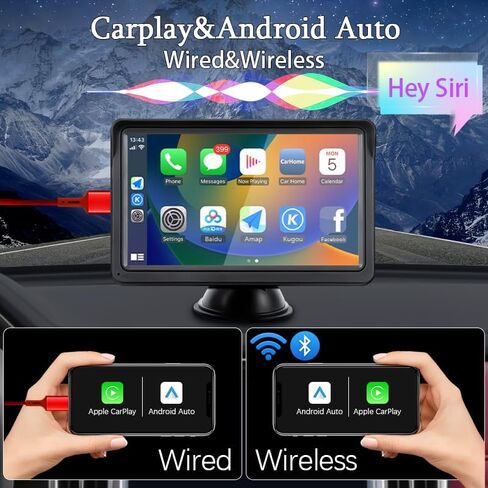 شاشة 7 بوصة HD IPS تعمل باللمس، CarPlay & Android Auto، التحكم الصوتي مع رؤية ليلية عالية الدقة وكاميرا احتياطية مقاومة للماء، التوصيل والتشغيل العالمي لجميع المركبات in Kuwait