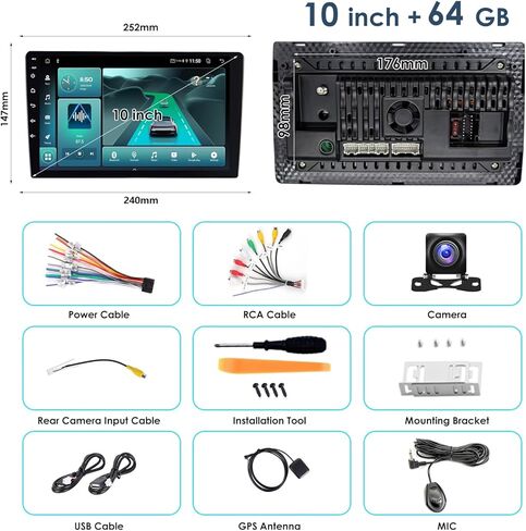 10 بوصات مزدوجة Din Car Stereo Wireless CarPlay Android Auto، راديو سيارة بشاشة تعمل باللمس 64 جيجا بايت HD، بلوتوث 5.4، كاميرا احتياطية، نظام تحديد المواقع العالمي، مناسب لجميع السيارات in Kuwait