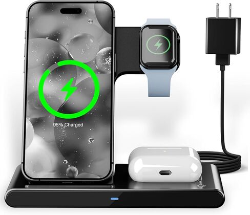 محطة شحن لاسلكية سريعة 3 في 1 لهواتف iPhone 17/16/15/14/13/12، لساعة Apple Watch Ultra/SE/Series 11–2، لـ AirPods Pro 4/3/2، حامل قابل للطي، مكتب، بجانب السرير، السفر، الأعمال in Saudi Arabia