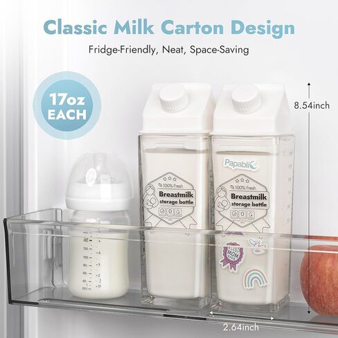 Papablic Glass Breast Milk Pitcher, 17oz 2-Pack Breastmilk Storage Containers for Pitcher Method Feeding, BPA-Free Leakproof Baby Formula & Milk Storage Bottles, Fridge Safe, Includes Cute Stickers in Saudi Arabia