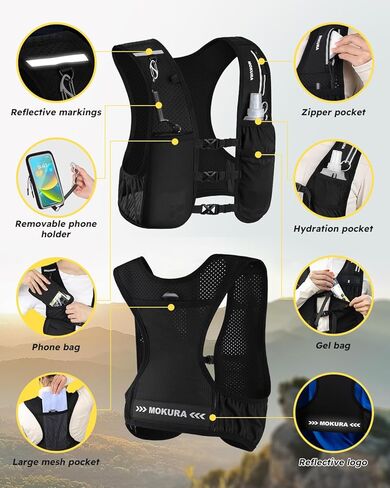 MOKURA Running Vest for Women Men, Reflective Hydration Vest with 500ML Soft Flask & Phone Holder, Lightweight Running Backpack, Adjustable Run Pack Water Bottle, Runner Hiking Essentials in Saudi Arabia