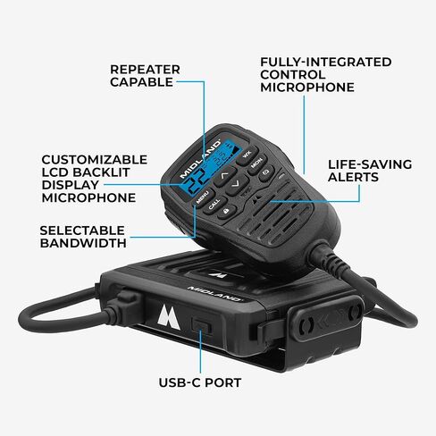 Midland MXT275 MicroMobile Two-Way GMRS Radio & MXTA26 6dB Gain Whip Antenna – Long-Range Vehicle Communication with NOAA Weather Alerts, External Antenna for Maximum Performance in Saudi Arabia