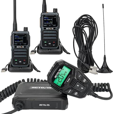 Retevis RA86 GMRS Mobile Radio, Dual Speakers NOAA High Power Transceiver, RA86 Long Range Mobile Radio (1 Pack) with Handheld RB17P Walkie Talkies (2 Packs), GMRS Communicate Kit for Jeeps in Saudi Arabia